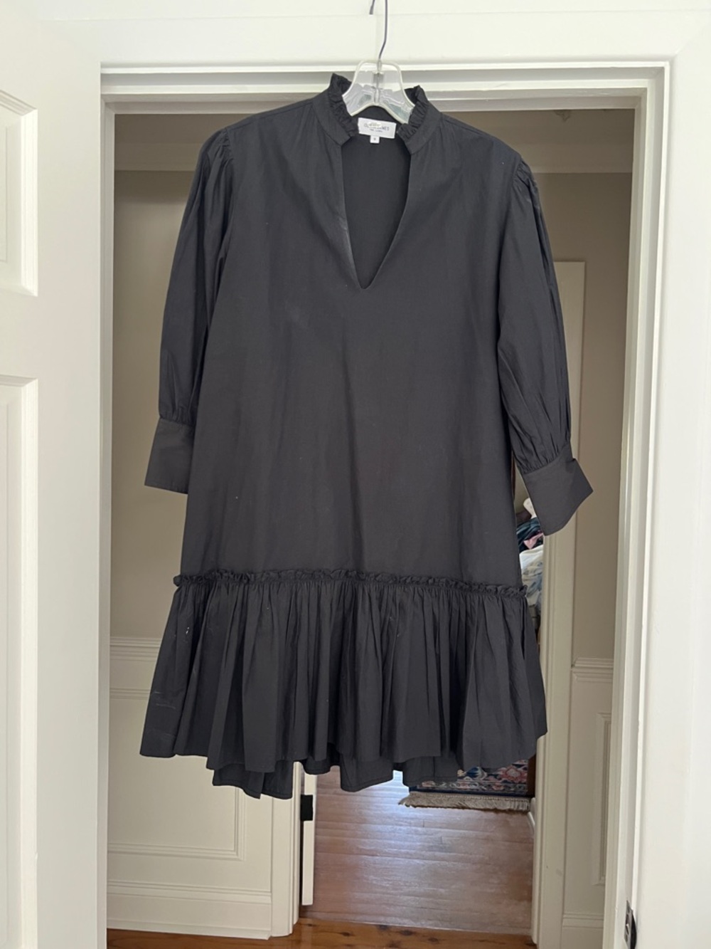 Black Ruffle-Hem Mini Dress with V-Neck